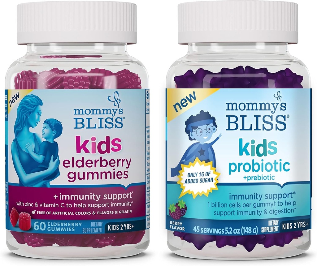אמא's Bliss Kids Elderberry Gummies 60 Count (Pack of 1), וילדים פרוביוטיים + Prebiotics Count 45 (Pack of 1), תמיכה בילדים חסינות ותזונה בריאה