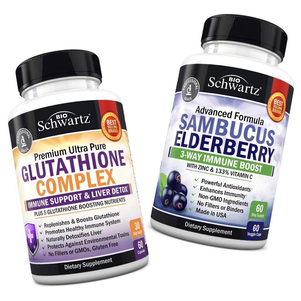 Glutathione Complex with Milk Thistle Extract, ויטמין C & Quercetin + Sambucus Elderberry קפסולות עם Zinc & ויטמין C - Natural Antioxidant Formulas - מקדם Liver & Immune תמיכה