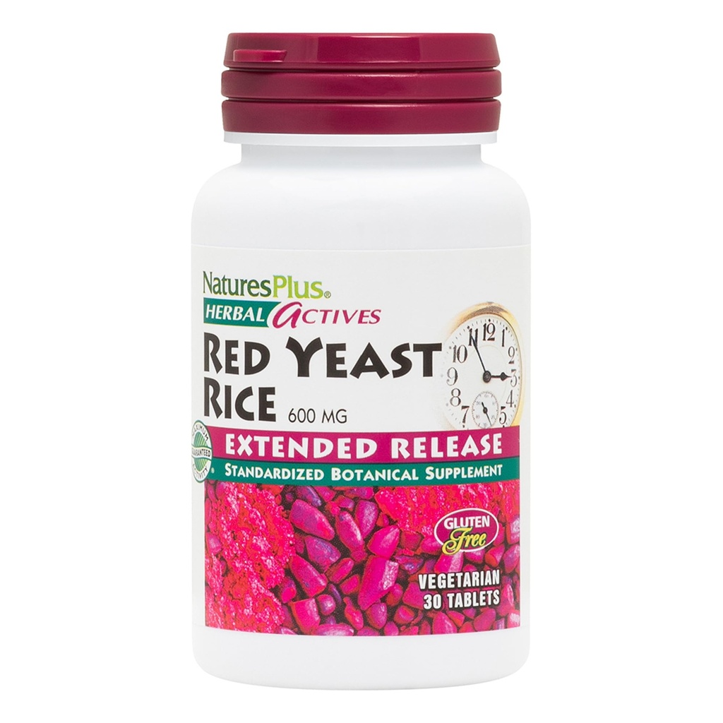 Natures Plus Herbal Actives Red Yeast Rice, Extended Release - 600 מ"ג, 30 טבליות טבעוניות - תוסף צמחי - צמחוני, Gluten-Free - 30 משרתות
