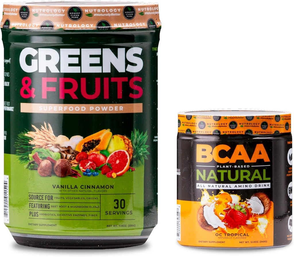 Nutrology Greens & Fruits אבקה-Naturly Sourceed Superfood, Vanilla Cinnamon (30 משרתים) BCAA טבעי, צמחי מבוסס BCAA אבקת, כתום קוקוס פלאמור (30 משרתים)