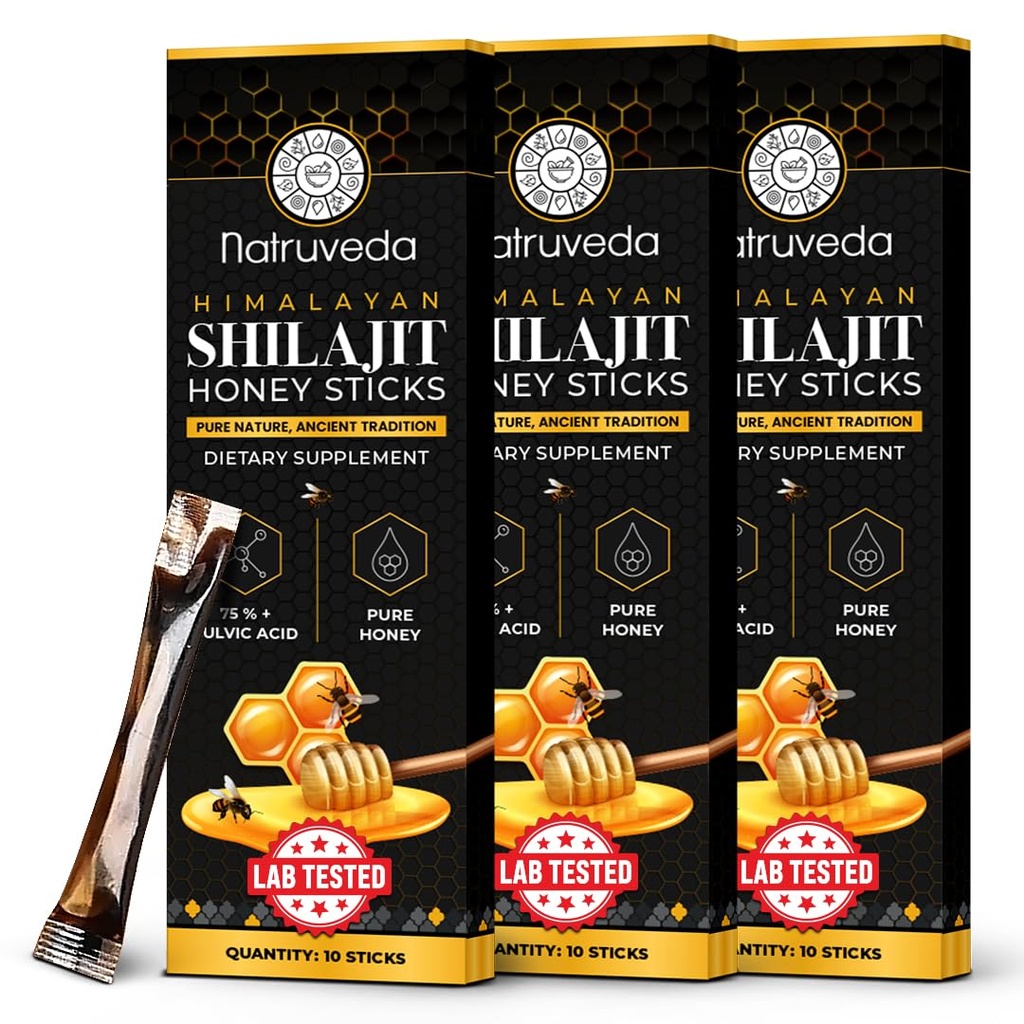 Hilajit Honey Sticks for Men & Women - 75%+ Fulvic Acid & Trace מינרלים - Raw Honey, Saffron & ההימלאיה Shilajit Resin - Stamina, Performance & Energy Support - (Pack of 30)