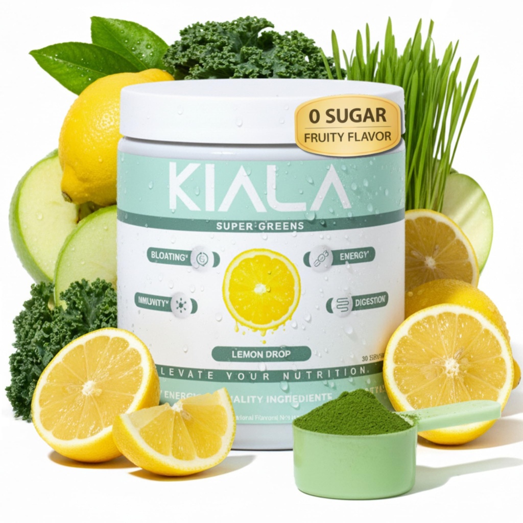 Kiala Nutrition Super Greens, אורגני ירקות אבקה עם Spirulina & Chlorella for Digestion, Gut Health, Immunity, Energy, Gluten Free, Vegan, Sugar Free, Spectra בלנדרה, טיפות לימון, 30 משרתים