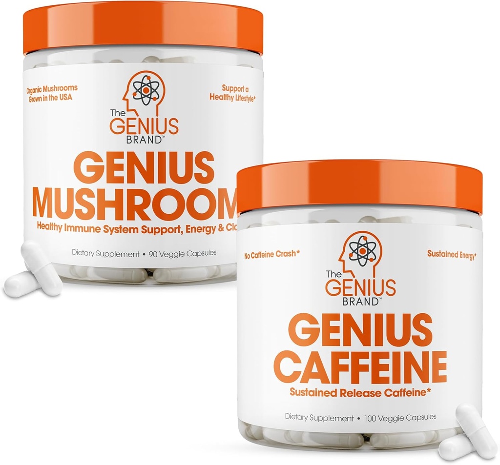 The Genius Brand - Genius Mushroom and Caffeine Supplement Bundle - Lion's Mane, Reishi ו- Cordyceps - Sustained Release Caffeine
