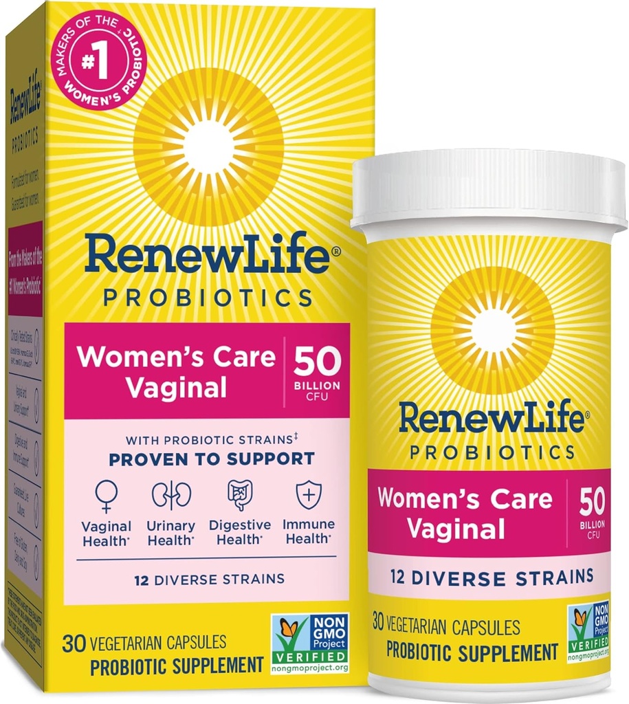 Renew Life Women's Probiotic קפסולות, 50 מיליארד CFU מובטח, תומך pH Balance, Vaginal, Urinary, Digestive ו- Immune Health (2), L. Rhamnosus GG, חלב, סויה ו- Gluten-Free, 30 Count Counte, Urinary, Urinary, Digestive and Immune Health (2), L. Rhamnosus GG