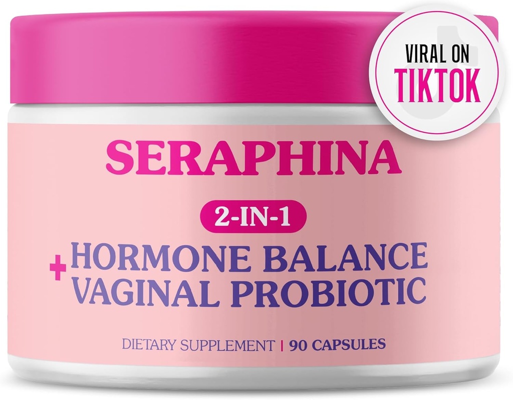 Seraphina Vaginal Probiotics 2-in-1 עבור נשים + איזון הורמונלי - 90 קפסולות שלמות Feminine Care, PMS & Urinary Tract Health, Prebiotic, 10 מיליארד CFU, 6 סטרינס (90 Count)