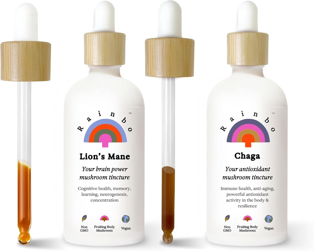 Rainbo Mushroom Bundle, Lion's Mane Mushroom לחלץ + Chaga Mushroom Tincture, הפקה כפולה יומי Mushroom Tinctures עבור תמיכה מקיפה Immune, טבעוני נוזל Mushroom תוספי מזון