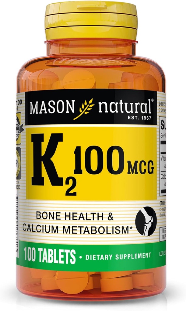 MASON NATURAL ויטמין K2 100 mcg עם Calcium, תומך העצם, לב ושרירים בריאות, 100 טבליות