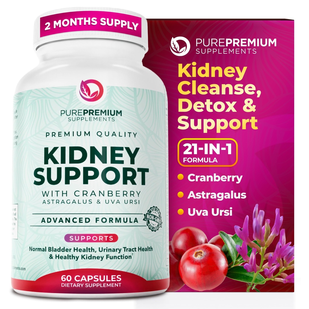 PurePremium Kidney תמיכה תוסף - Kidney ניקויse Detox & תיקון עם קריין לחלץ ו Astragalus - 21-in-1 Complex תומך במגם רגיל, Urinary Tract & Kidneys בריאות - 60 יום אספקת יום אספקה