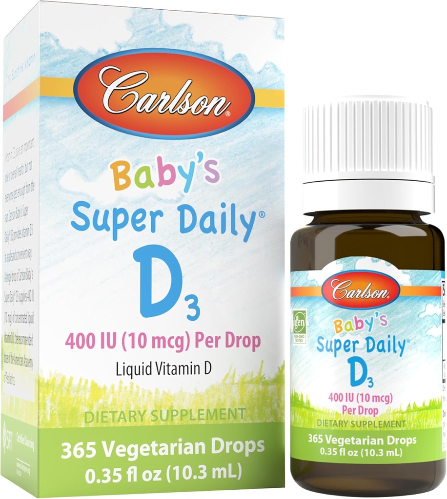 קרלסון - Super Daily D3 של התינוק ויטמין D Drops, 400 IU (10 mcg) ל Drop, 1 שנים אספקה, צמחוני, ויטמין נוזלי D לתינוקות ופעוטות, Unflavored, 365 טיפות