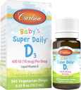 קרלסון - Super Daily D3 של התינוק ויטמין D Drops, 400 IU (10 mcg) ל Drop, 1 שנים אספקה, צמחוני, ויטמין נוזלי D לתינוקות ופעוטות, Unflavored, 365 טיפות