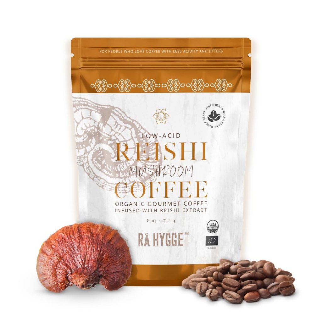 Rå Hygge Specialty Organic Whole Bean Mushroom with Reishi - For Calm Energy,laxation & Balance - Healthy Coffee Alternative, Low-Acid Medium Roast, 8 oz (16 כוסות), Roasted בשוודיה