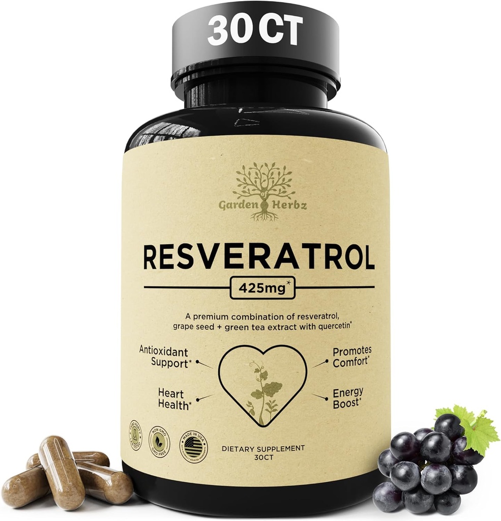 Quercetin & Resveratrol תוספת עם Grape Seed - 425 מ"ג Herbal Antioxidant & בריאות תמיכה - Polyphenols & Nutrient בלנדר עבור בריאות כללית, 30Ct