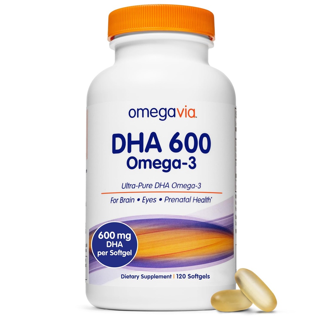 אומגהVia DHA 600 מ"ג, Ultra Pure אומגה 3 DHA תוספי עבור המוח ועיניים, DHA טרום ליד ויטמינים לנשים, שמן דגים Burpless אומגה 3, IFOS נבדק, 120 Softgels