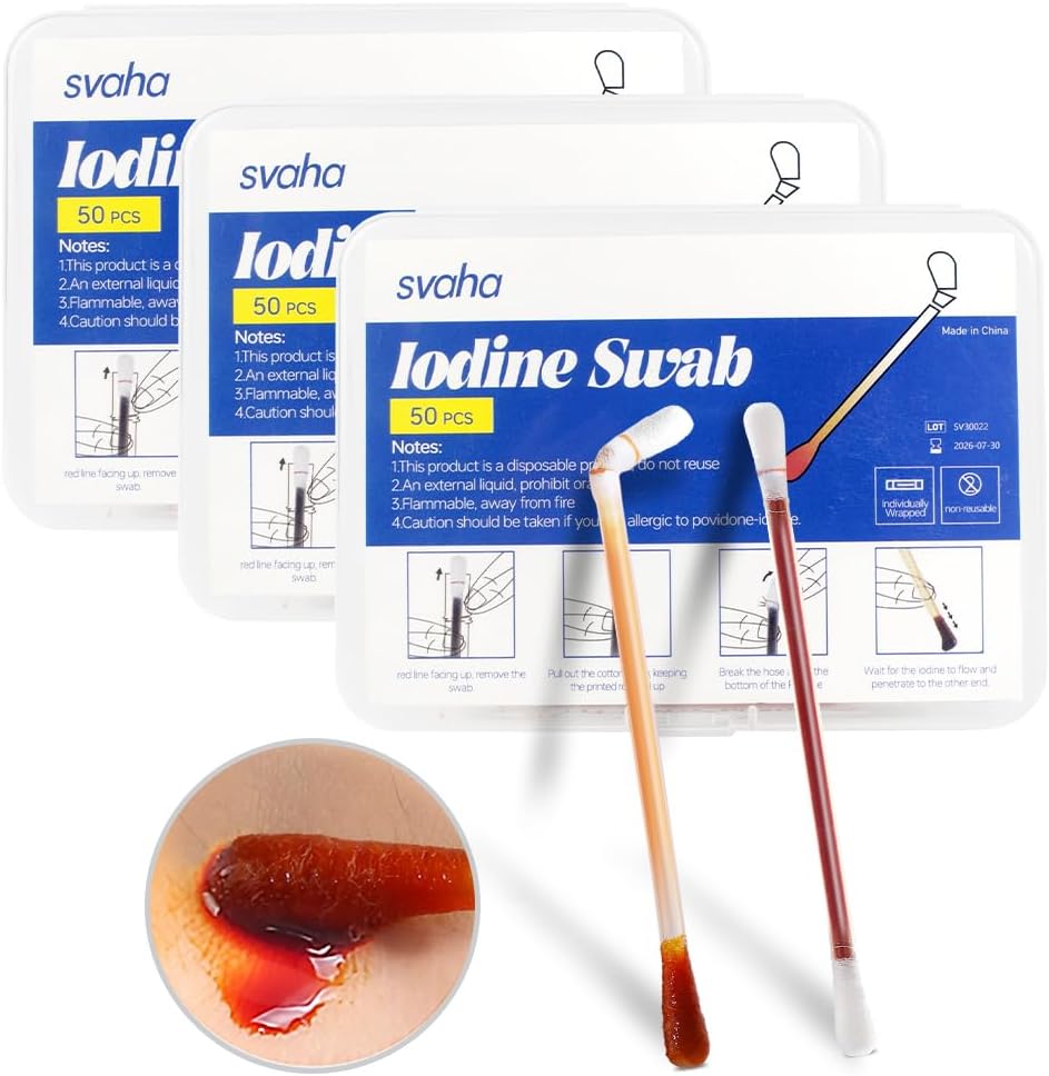 Povidone Iodine Swabs - 150 Sticks Sterile Iodine Swabsticks, באופן אישי Wrapped כותנה Swabs, פתרון מלא עבור ניקוי Wound, עזרה ראשונה, נסיעות