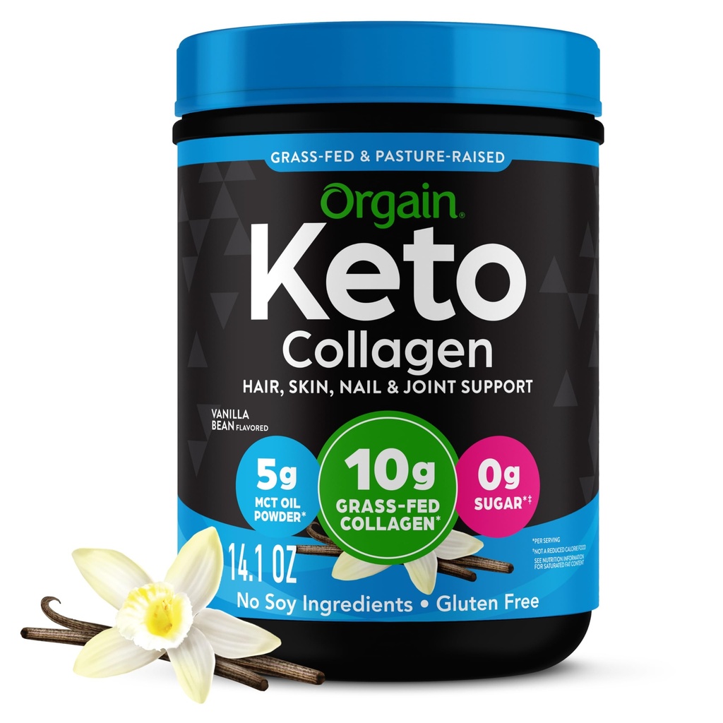 Orgain Keto Collagen חלבון אבקת, Vanilla - 10g Grass פד hydrolyzed Collagen Peptides עבור נשים וגברים, סוג I & III, 5g שמן MCT - שיער, עור, ותמיכה משותפת, non-GMO, Gluten חינם - 0.88lb חינם - 0.88lb