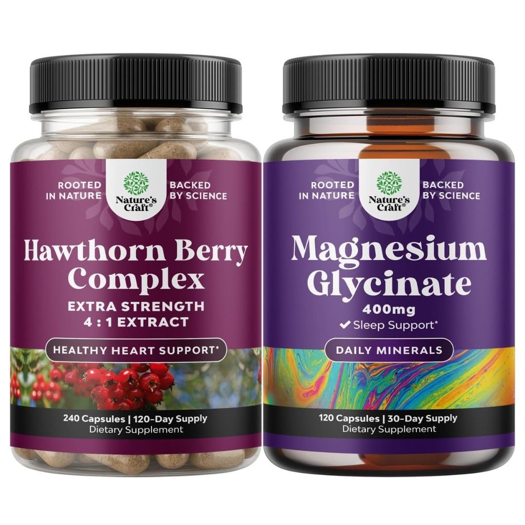 Natures Bun Craftdle של תוספת כוח הות'ורן ברי קפסולות - Extraction and Heart Health Supplement ו- Pure Magnesium Glycinate 400 מ"ג פרי לשרת עבור שינה ורגיעה