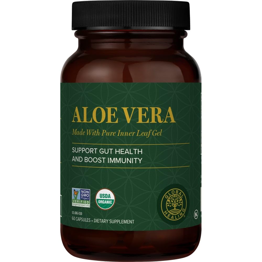 Global Healing Aloe Vera Bio-Active אורגני תוסף - 200x ריכוז פורמולה עם ריכוז גבוה של Acemannan - Aloin-Free - Gut Health & Immune Support - 60 קפסולות