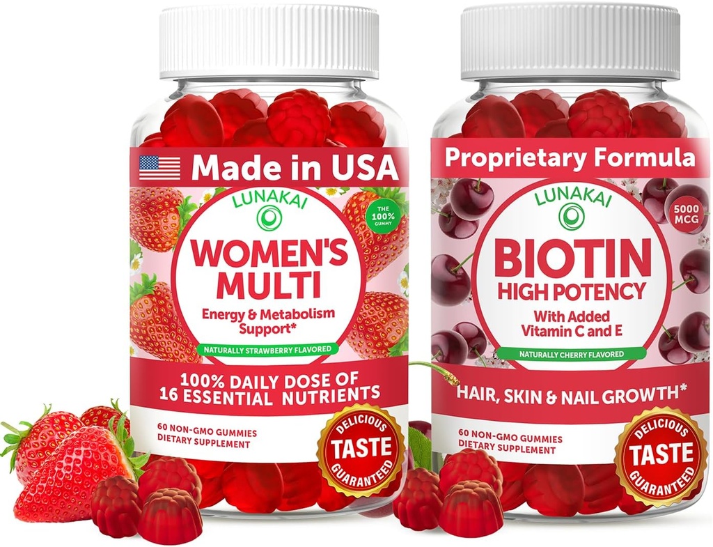 לונהקאי ארה"ב עשתה נשים Multivitamin & Biotin Gummies Bundle - אנרגיה & שיער, עור, תמיכה בציפורים - באופן טבעי פלאמורed - 60 חניכיים non-GMO כל אחד