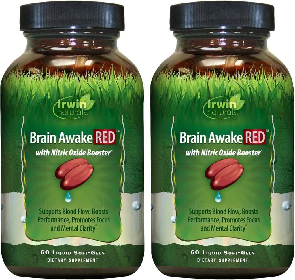 Irwin Naturals Brain Wake RED עם Nitric Oxide Booster - 60 נוזל Soft-Gels, Pack of 2 - תמיכה בריאות המוח & אופטימיזציה ביצועים - 40 המשרתים המלאים