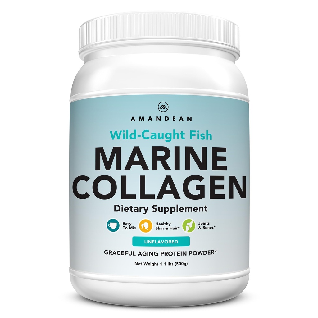 AMANDEAN Marine Collagen Peptides אבקת 500g Wild-Caught hydrolyzed Fish Collagen תוסף. סוג 1 ו 3 חלבון קולג'ן 18 Amino Acids לעור, שיער, ציפורניים.