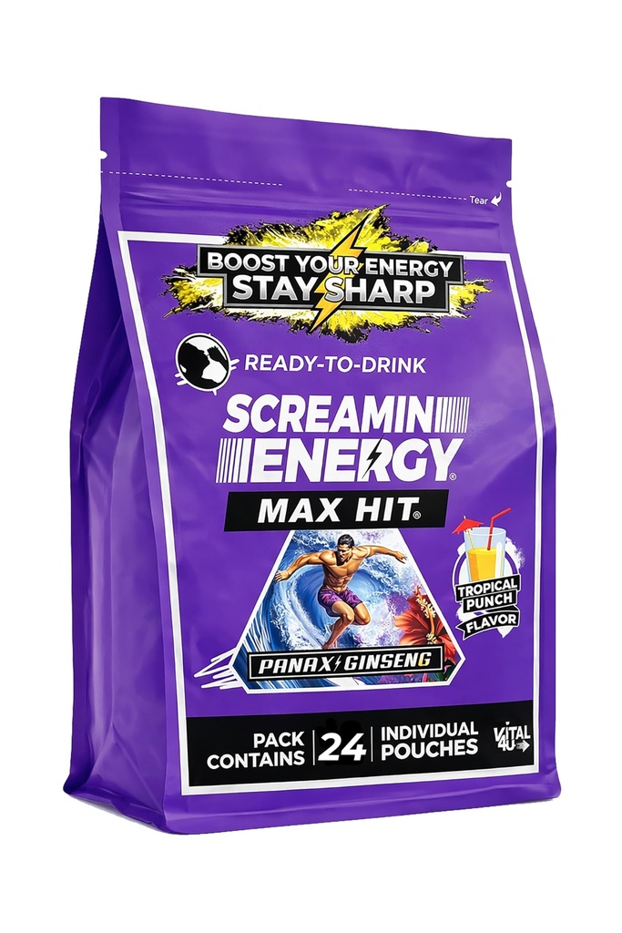 Screamin Energy Max Hit Tropical Punch Flavor - כוח מקסימלי סוכר חינם נורה עם ג'ינסנג, ויטמין B וקפאין - 24 Count Count Count