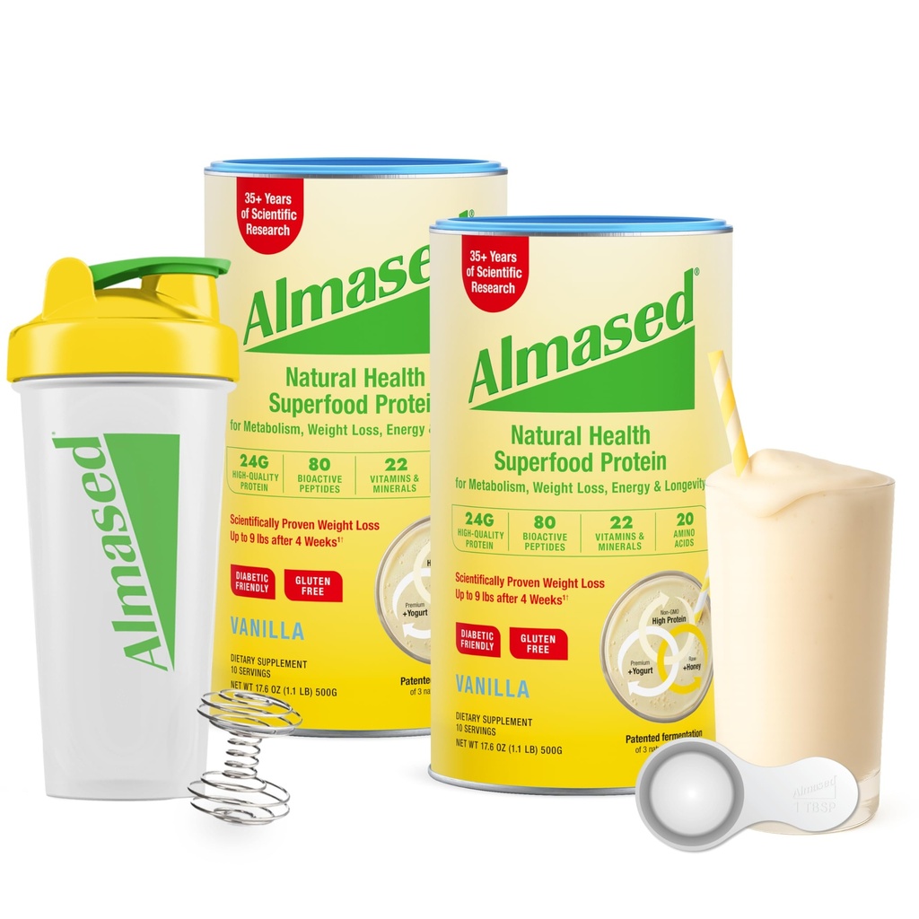 אלמסד את Meal החלפת Shakes עבור ירידה במשקל - אבקת חלבון - Starter Kit (אלמונד וניל פלאמור, 2 Cans של 17.6 oz + Shakerבק + Scoop)