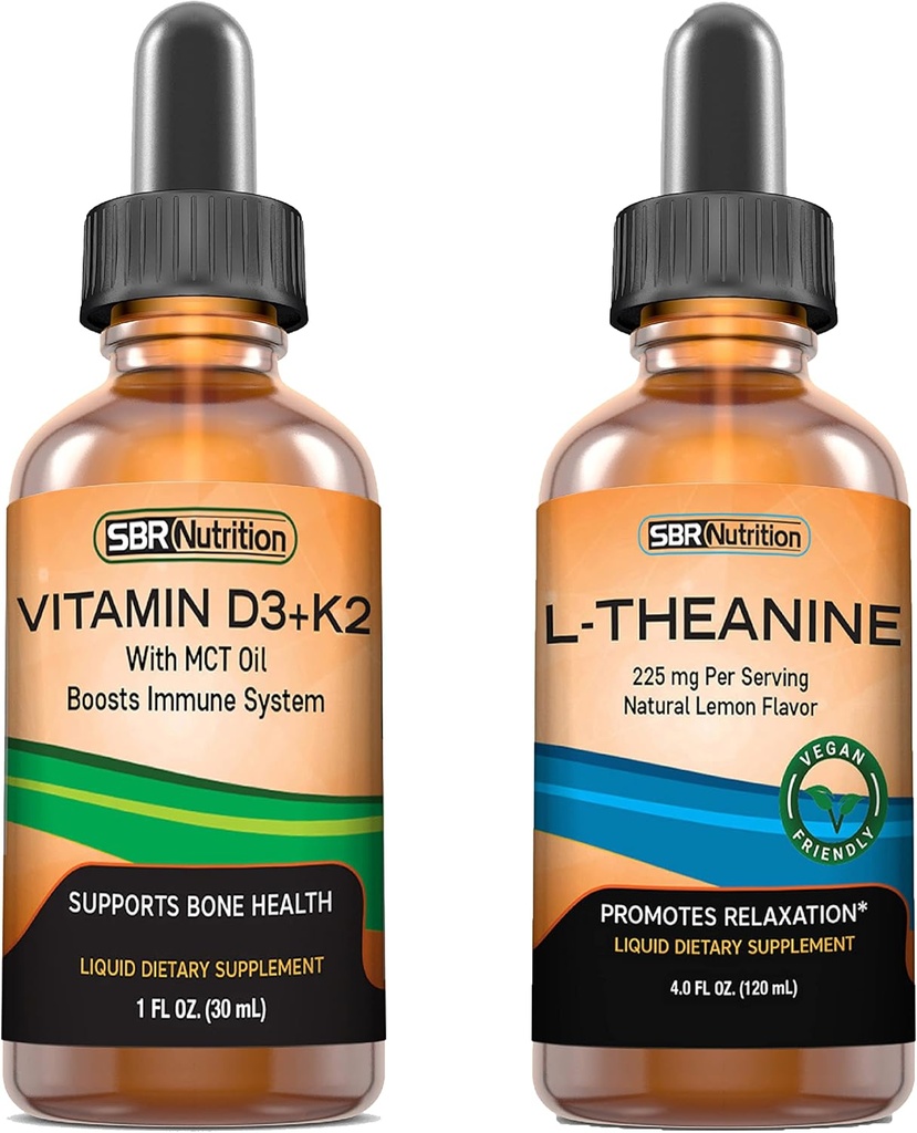 SBR Nutrition D3+K2 ו- L-Theanine Bundle ויטמין D3K2 (MK7) טיפות נוזליות, Pepperנט, 1oz | L theanine 225 מ"ג טיפות, 2oz | עבור מבוגרים וילדים