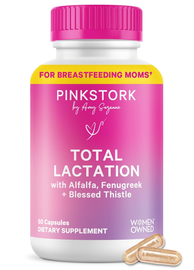Pink Stork Total Lactation תוסף עבור אספקת חלב אם, אורגני Panugreek ו-Alphalfa כדי לתמוך הנקה, חלב זרימה והפקה, Postpartum Essentials - 60 קפסולות