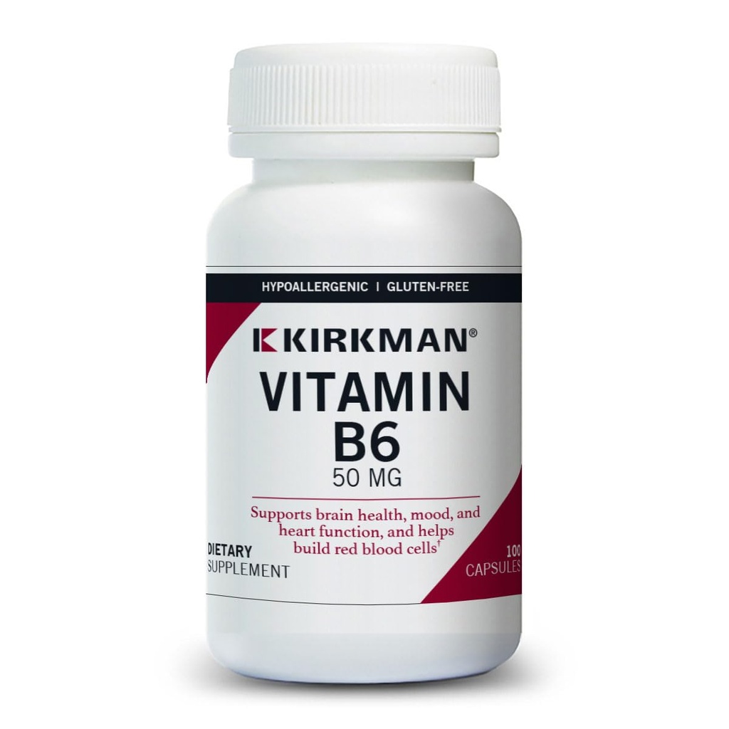 קירקמן ויטמין B-6 50 מ"ג - Hypoallergenic - 100 קפסולות צמחוניות - Gluten / Casein חינם
