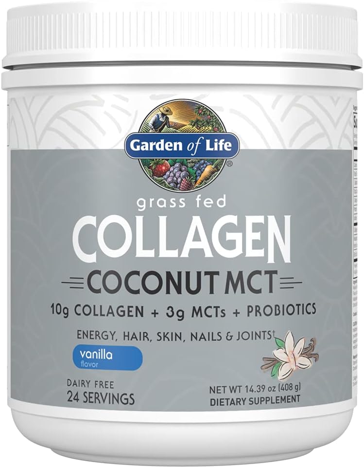 Garden of Life Grass Fed Collagen קוקוס אבקת MCT - וניל, 24 משרתות, אבקת קולג'ן עבור אנרגיית שיער העור מנקים במשותף, קולג'ן פפטסידים אבקת, קוקוס MCTs, תוספי חלבון קולגן