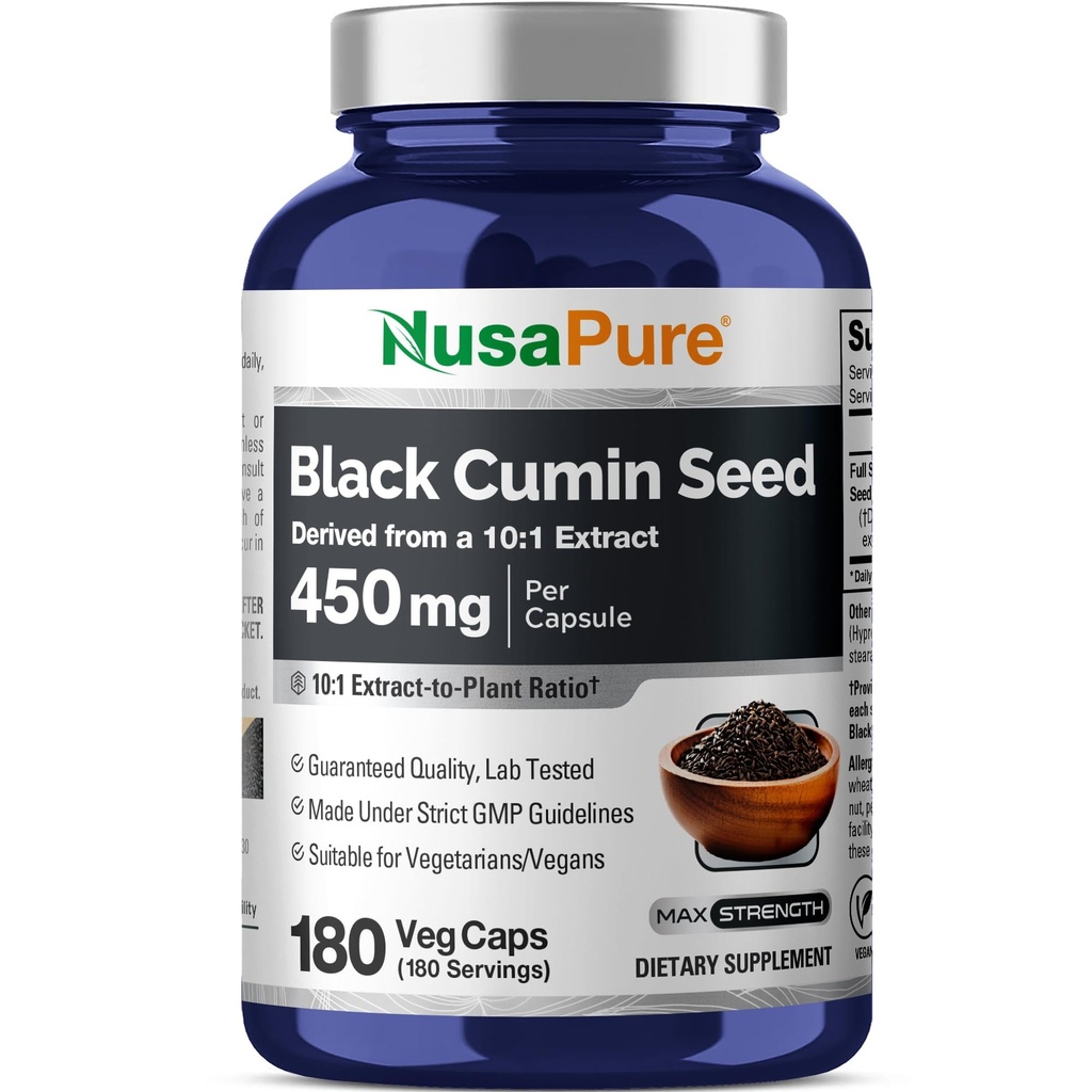 NusaPure Full Spectrum Black Cumin Seed 10:1 לחלץ, 450 מ"ג Equivalent to 4,500 מ"ג 180 Veggie אבקת Caps non-GMO, טבעוני ללא Oly