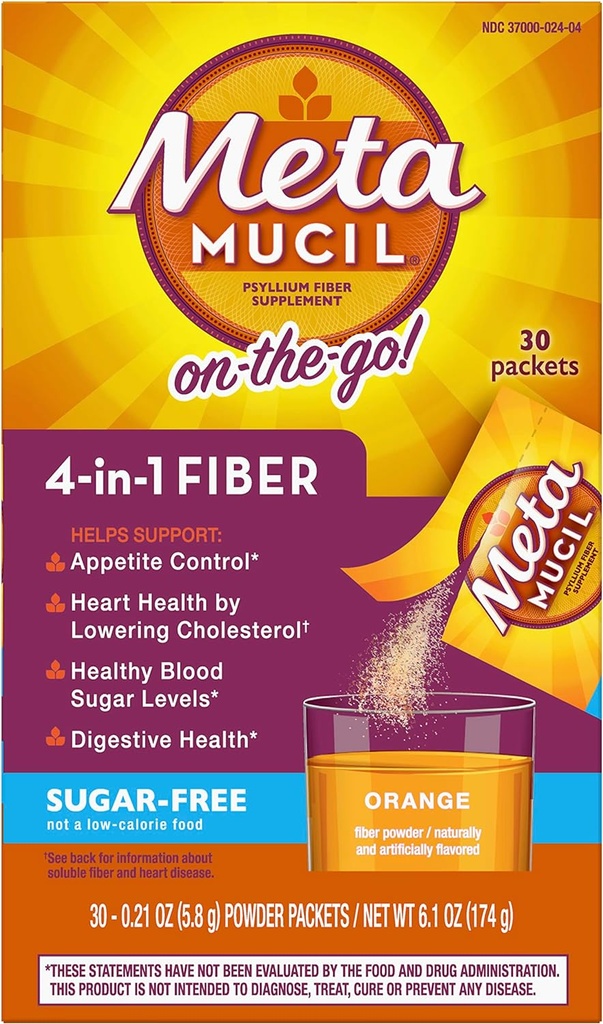 Metamucil סיבים 4in-1 Psyllium סיבים תוספת אבקת סוכר ללא תשלום יחיד המשרת Packets Orange Flavored לשתות 2 Boxes של 30 Packets (OLD)