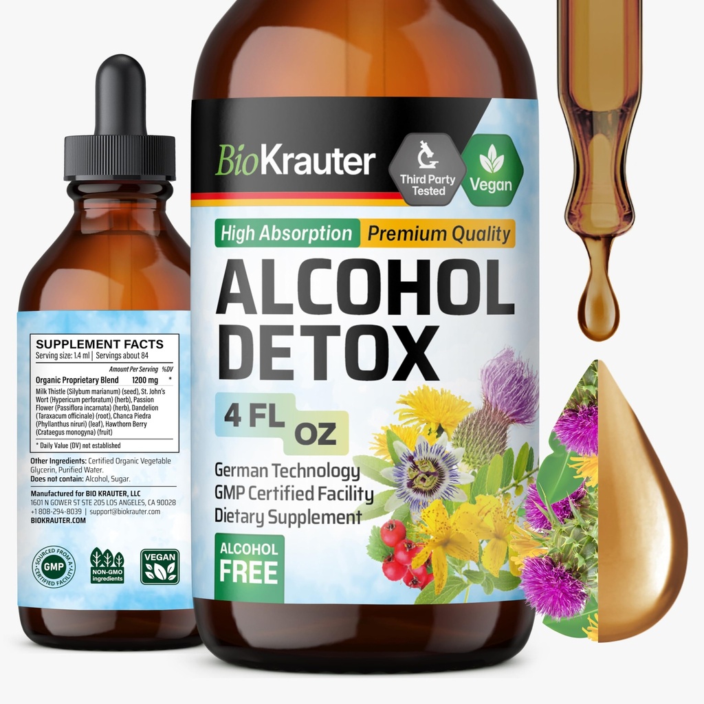 BIO KRAUTER אלכוהול Detox Tincture - Liver ניקוי פורמולה - Milk Thistle & Dandelion - Liver Detox Liquid Extracts 4 Fl.Oz.