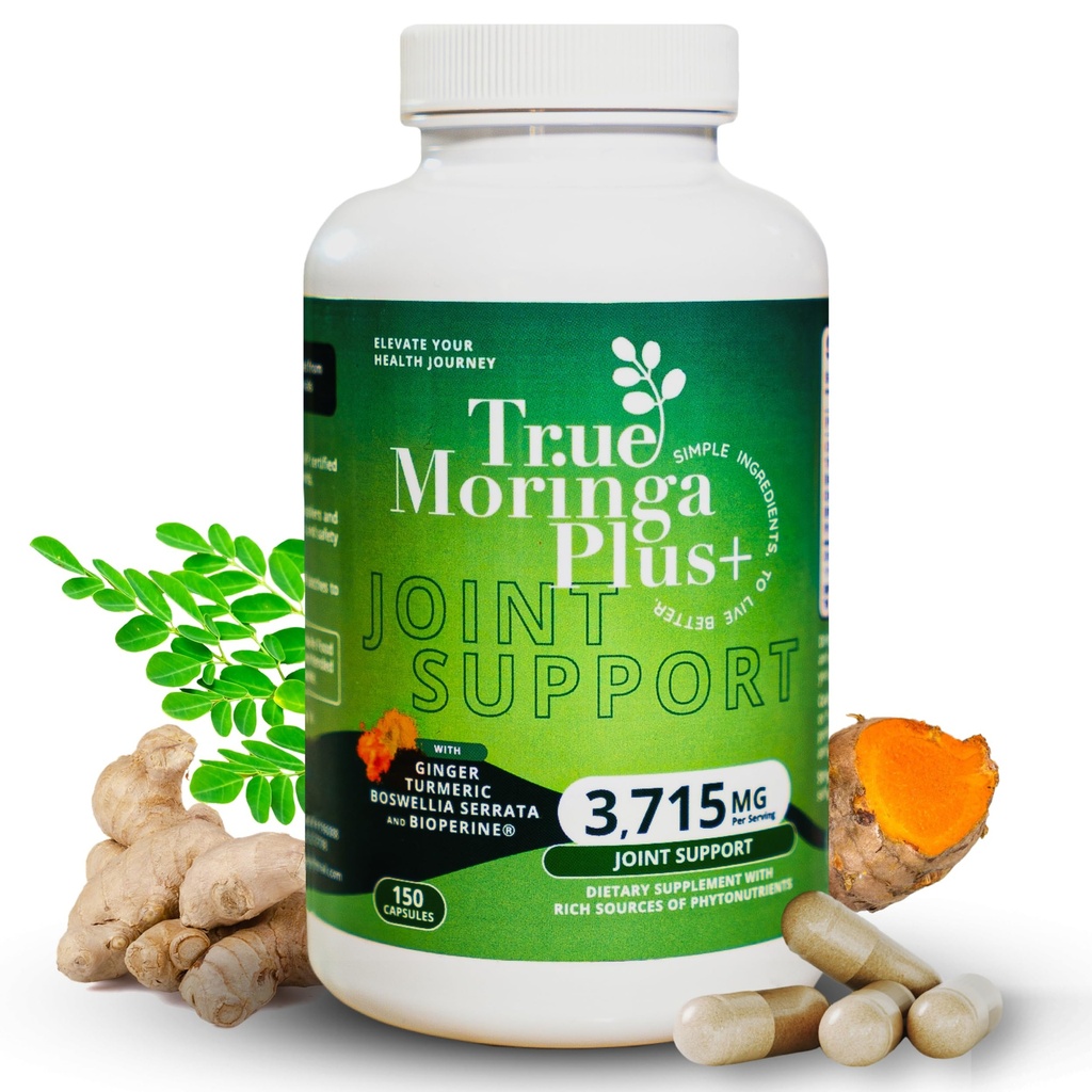 True Moringa Plus+ תמיכה משותפת תוספת של 10:1 לחלץ; 20,000 מ"ג של אורגני Moringa, Turmeric Curcumin, ג'ינג'ר, Boswellia, BioPerine | תוספת כוח Herbal Antioxidant למבוגרים (150 קפסולות)