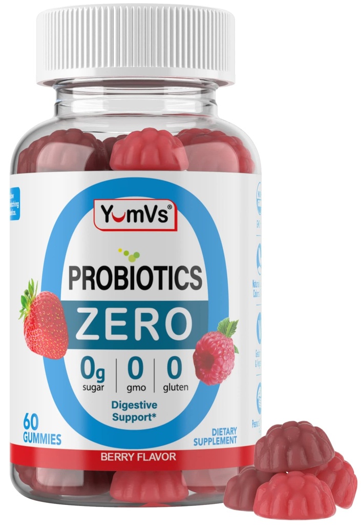 YUM-V'S - Zero Sugar Probiotics for Digestive Health - סוכר פרוביוטיקה חינם לנשים, גברים וילדים - Gut Health Probioticmies for Adults & Kids - תמיכה בחניכיים - 60ct