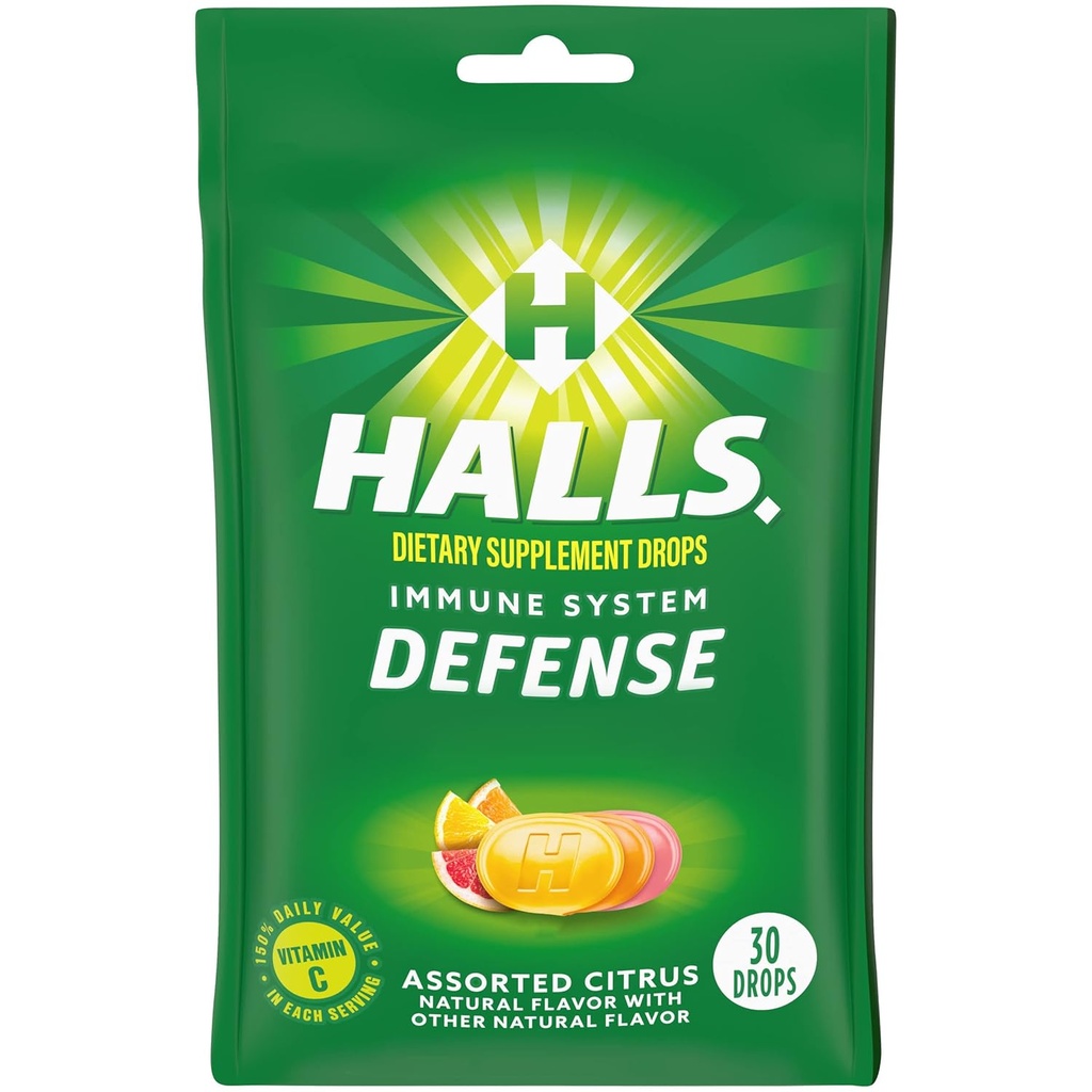 HALLS Defense Assorted Citrus ויטמין C Drops, תוסף תזונתי טיפות, 30 טיפות