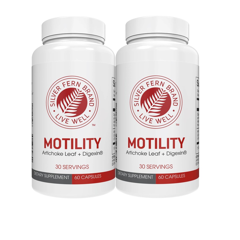 Silver Fern Brand Motility- non-Laxative Constipation and Slow Motility Boost - 120 קפסולות, 60 יום אספקה - מכיל Artichoke Leaf, Tender Okra Pods, & Winter Cherry