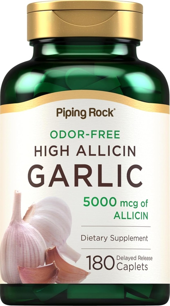 Piping Rock Odorless Garlic Pills with High Allicin | 180 Caplets | Odor Free