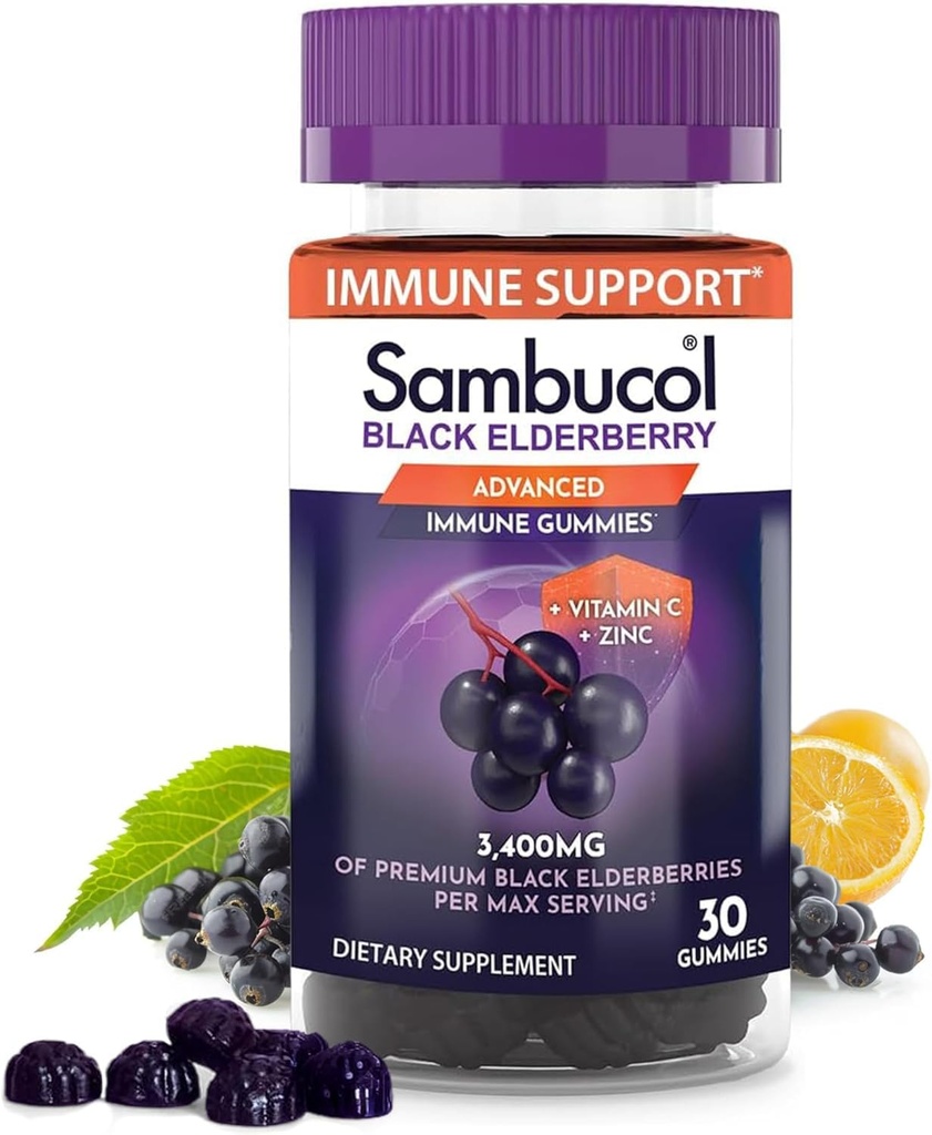 Sambucol Black Elderberry Gummies - Elderberry עם Zinc ו ויטמין C למבוגרים, Sambucus Gummies, Immune Support - 30 Countberry