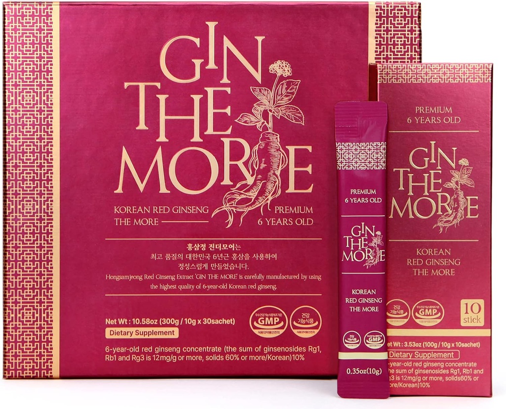 [Gin the More] Red גינזנג הקוריאני - 30 Sachetsקוריאנית ג'ינסנג לחלץ - Premium גינזנג לחלץ 6 שנים עם No Preservatives, Fillers - Pleasant Taste - Acent Packed Immunity Shot
