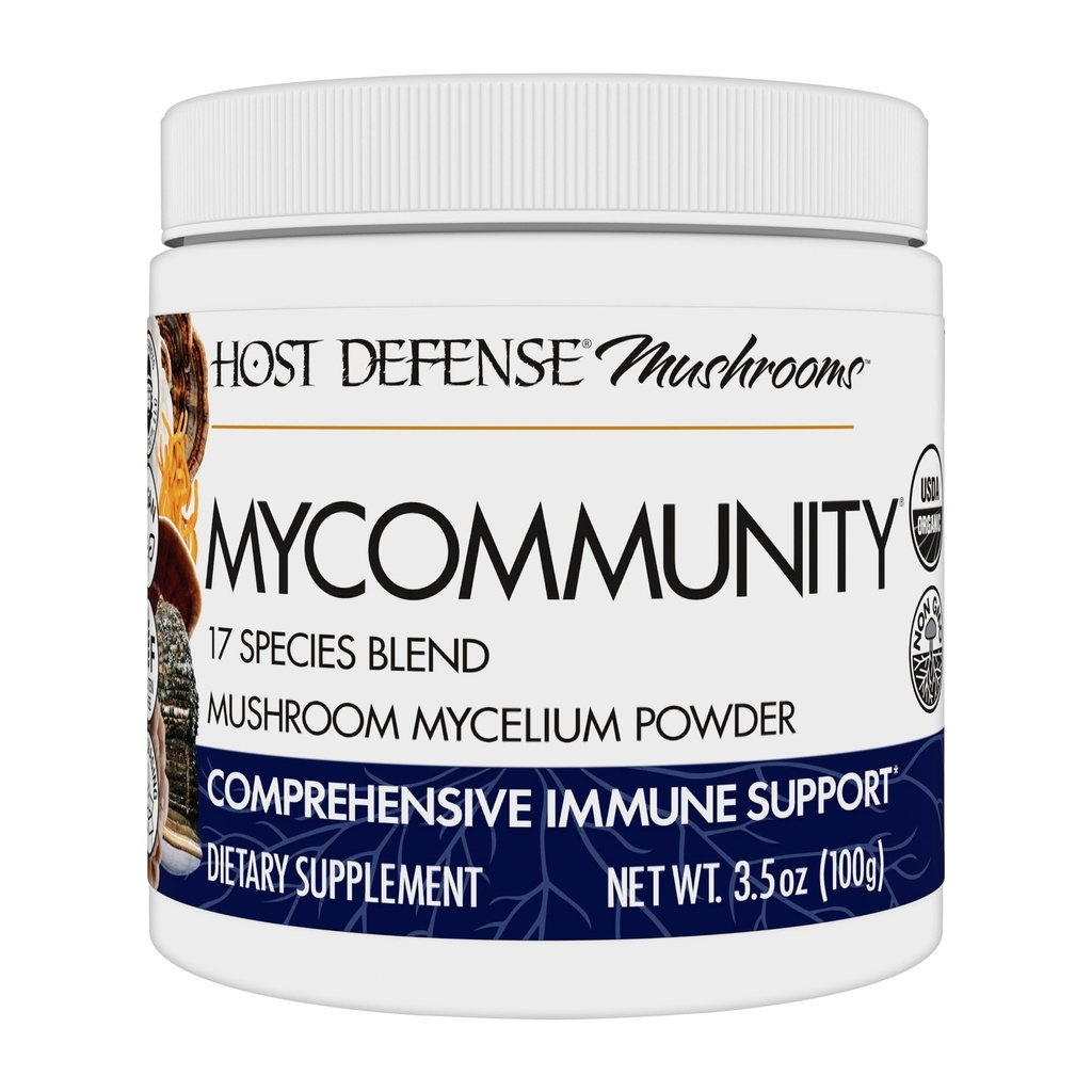 Host Defense MyCommunity אבקה - 17 מינים בלגן Mushroom for Immune Support - Extract with Lion's Mane, Reishi, Chaga, Cordyceps, טורקיה Tail & More - 100g (66 משרתים)