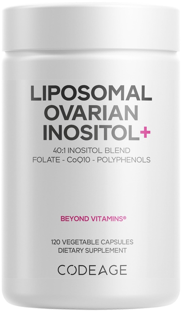 Codeage Liposomal Ovarian Inositol + תוסף - Myo-Inositol & D-Chiro-Inositol 40:1 בלנדר, Folate 5MTHF, CoQ10, Pomegranate & Wildberry, Liposomal Delivery, non-GMO, Gluten-Free 120 קפסולות