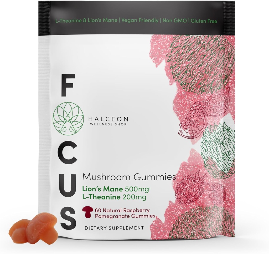 Halceon Wellness Mushroom Gummies - La-theanine תוסף בריאות המוח - Nootropic Mushroom - Non-GMO Vegan Lion Mane Mushroommies for Focus - 60 Count Count