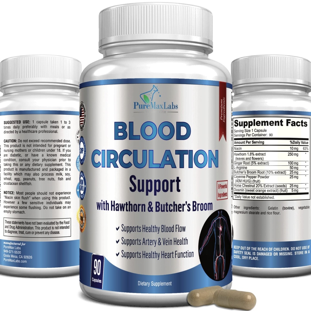 Blood Circulation תוסף - עם הותורן, Butchers Broom, Horse Chestnut, Arginine, Diosmin, Varicose Veins Treatment, Circulation Support - 90 קפסולות