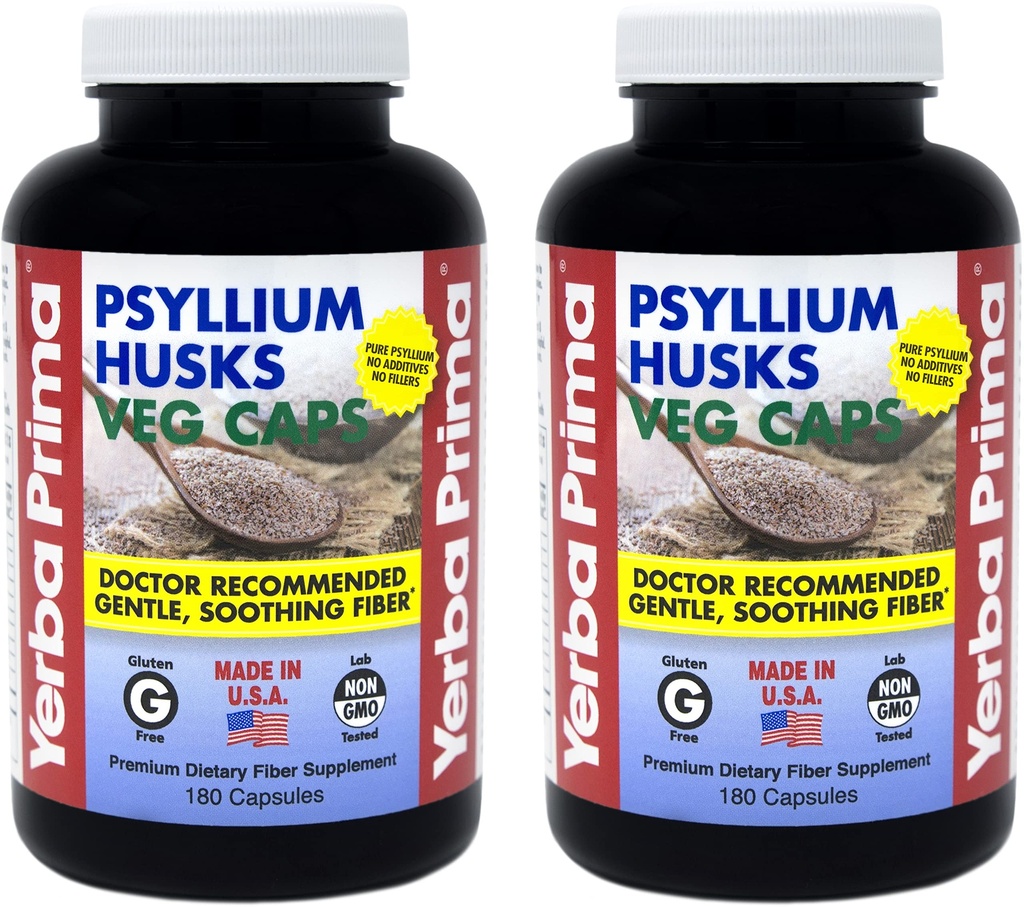 Yerba Prima Psyllium Husks Veg Caps - 180 הרוזן (2 Pack) - טבעוני, non-GMO, Gluten Free, קול נקיר, תוספת יומית סיבים לבריאות ורגילות
