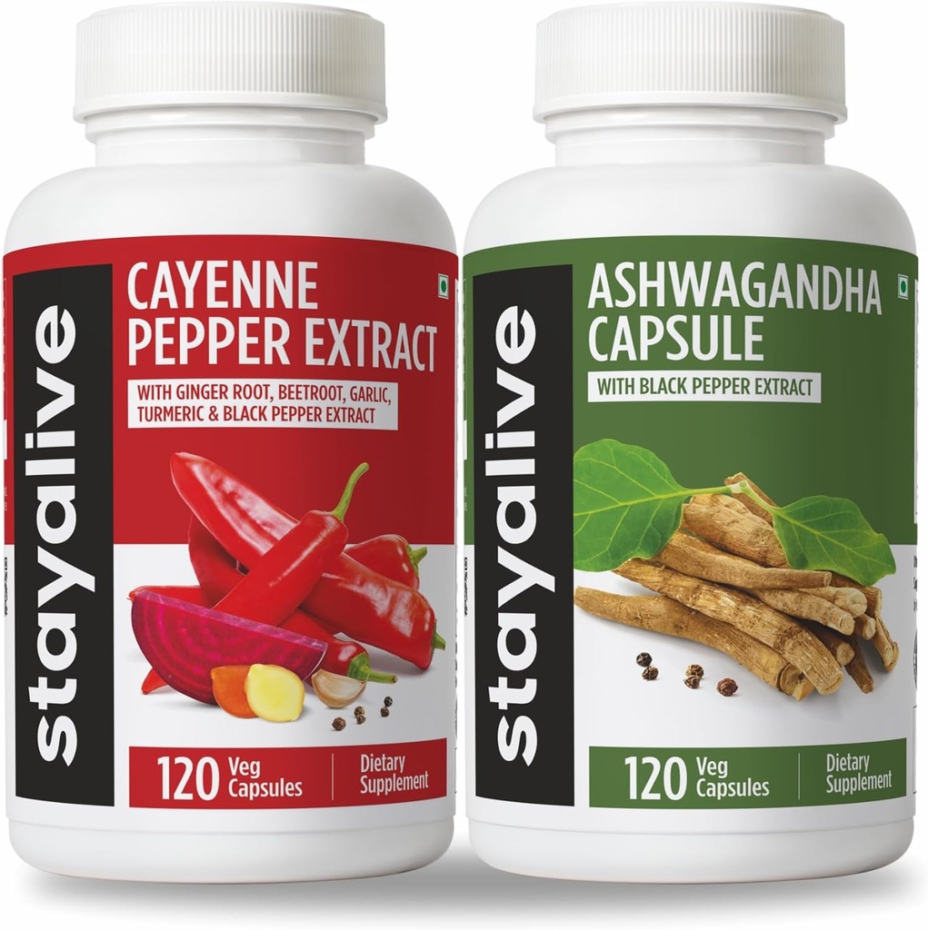 STAY ALIVE Cayenne ו- Ashwagandha Bundle w/Black Pepper Extracts, 240 גלולות טבעוניות, non-GMO & Gluten Free Ashwagandha Cayenne Pepper