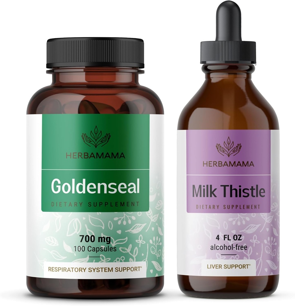 HerBAMAMA Goldenseal ו- Milk Thistle Kit - Bundle של 700 מ"ג Goldenseal Root כמוסות ו- Milk Thistle Tincture 2 oz - טבעוני, non-GMO, סוכר ואלכוהול חינם - 2 Pack