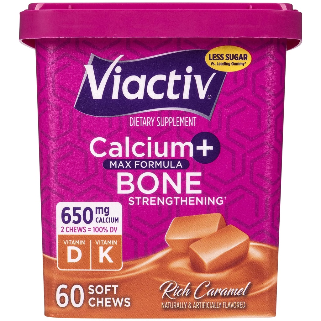 Viactiv Calcium + ויטמין D תוסף צ 'יפס עבור נשים וגברים - Chewable Calcium עבור תמיכה בריאות העצם, 650 מ"ג עבור משרת, ויטמין D & K עבור Absorption גבוה - 60 הרוזן, קארמל