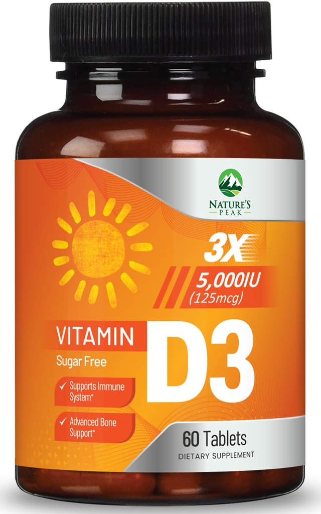 ויטמין D3 5000iu (125 mcg) Immune Health Support - תוסף עתיר ויטמין D Dietary עבור העצם, שיניים, שרירים - Nature's VIT D, טבעוני, Gluten Free, Raspberry Flavor - 60 טבליות Chewable