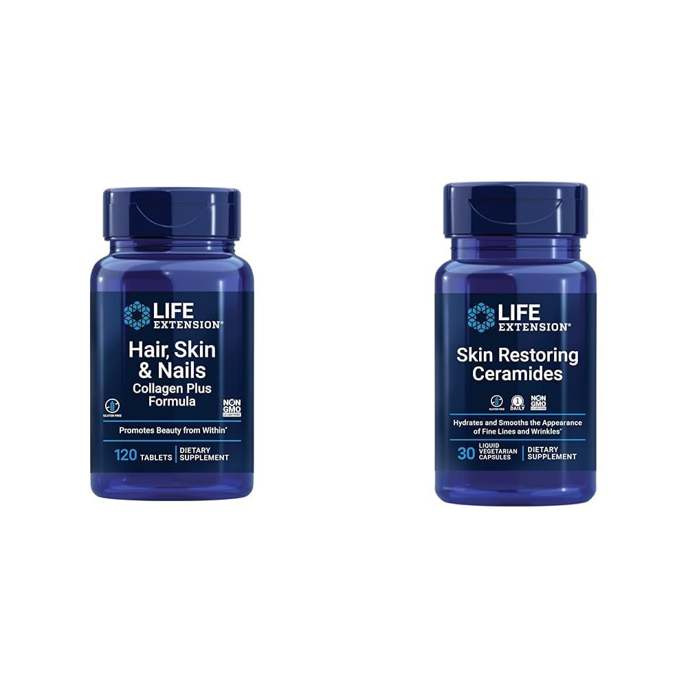 Life Extended Hair, Skin & Nails Collagen Plus Formula 120 Count & Skin Reאחסן את Ceramides 30 קפסולות צמחוניות נוזליות